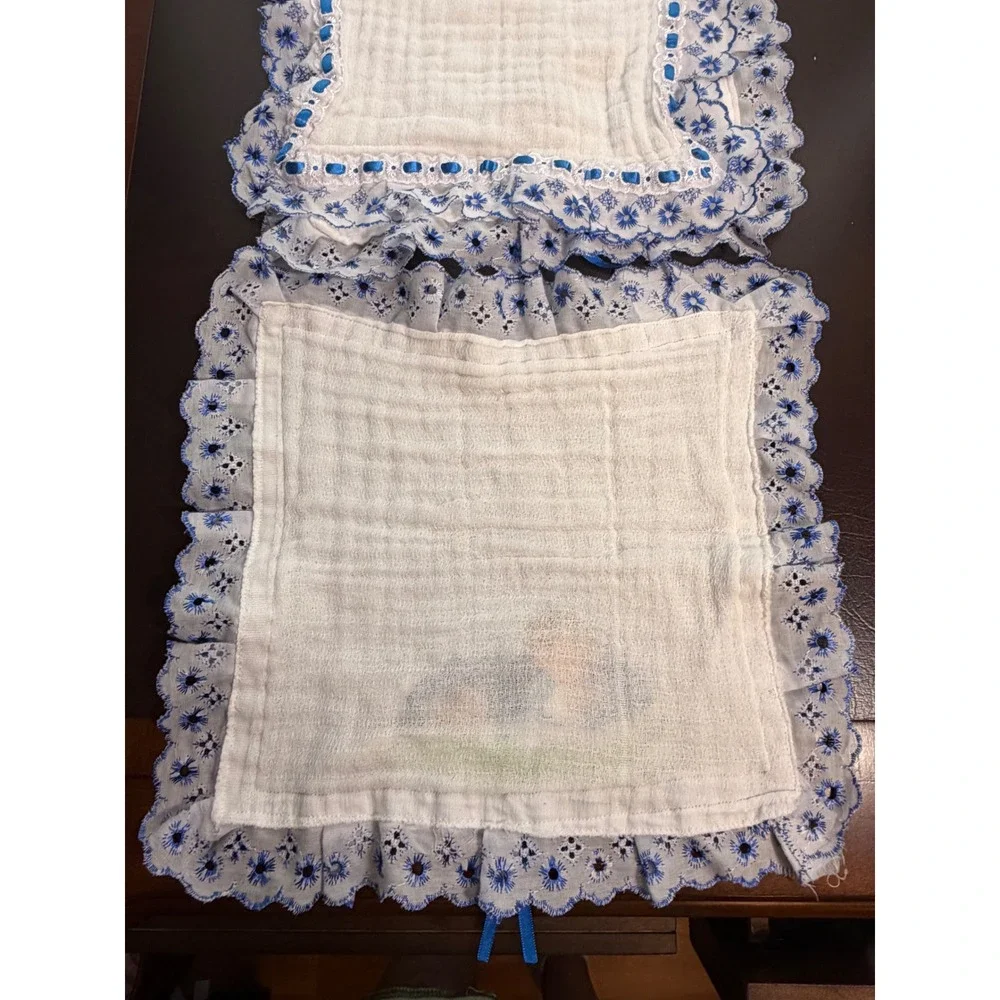 Vintage Antony Personalized Baby Burp Cloth and Towel Set Blue Eyelet Lace Trim